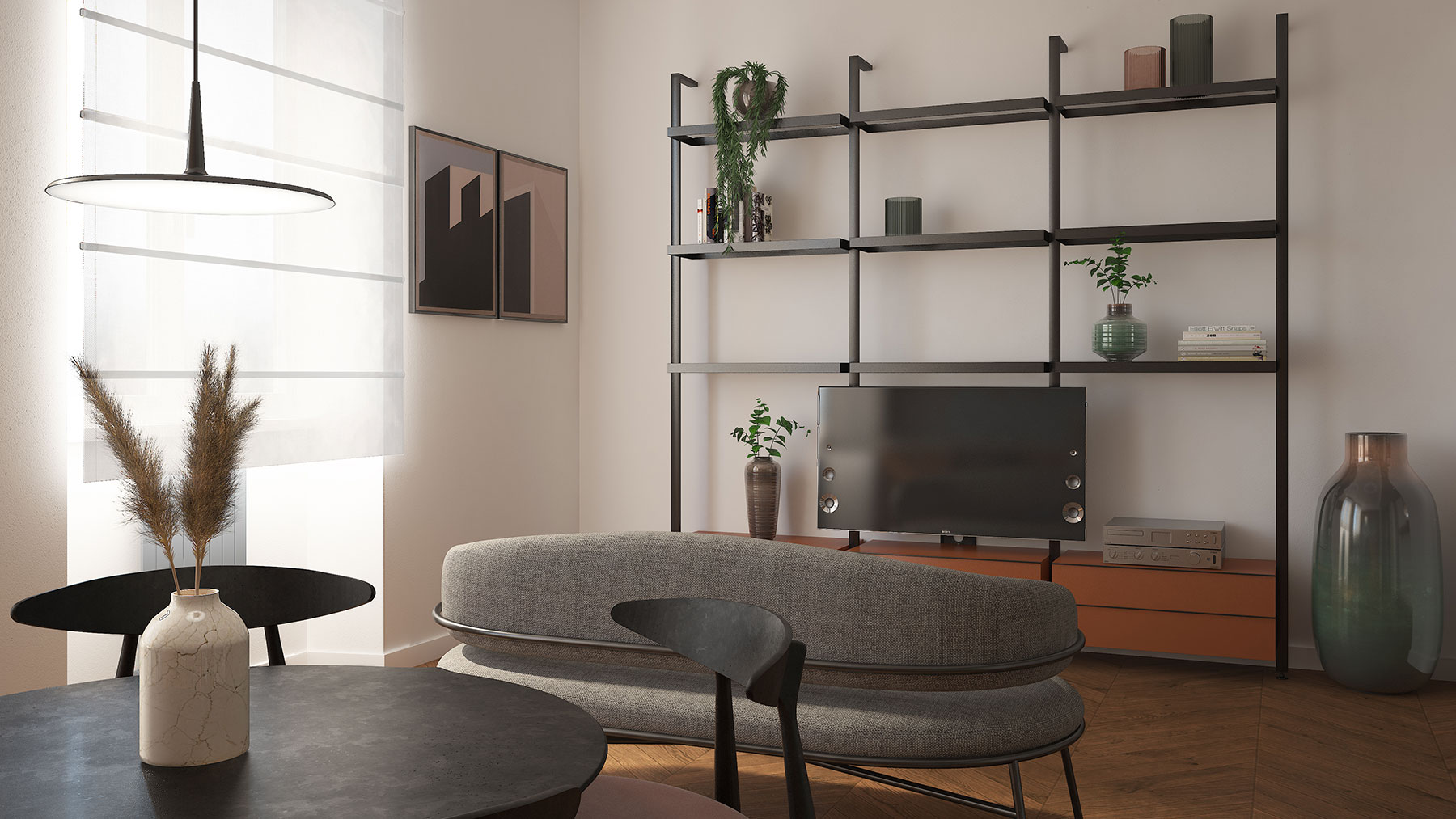 Living room con tavolo rotondo, sofa e parete attrezzata con televisione